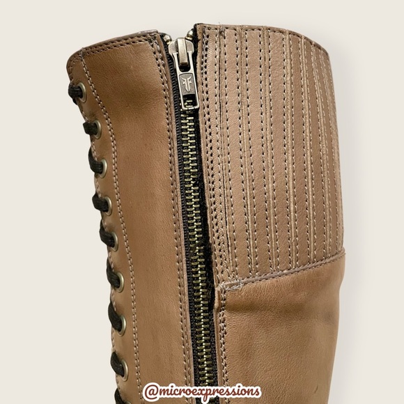 $599 Frye Julia Tall Lace Up Tan Beige Real Leather Military Zip Up Heeled Boots - Picture 8 of 14